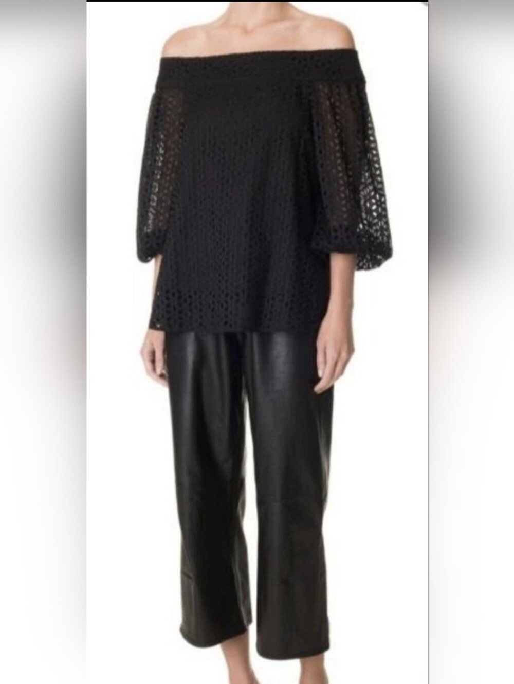 TIBI Black Antonina Eyelet Off-The-Shoulder Tunic Blouse | SZ 8